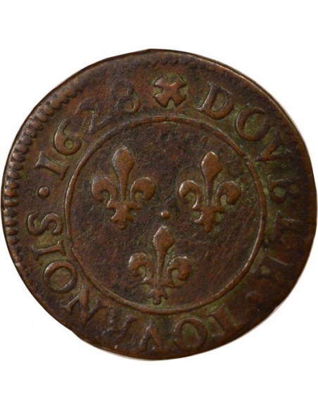 Louis XIII Type 6 1 double tournois Cuivre 1628 D Lyon