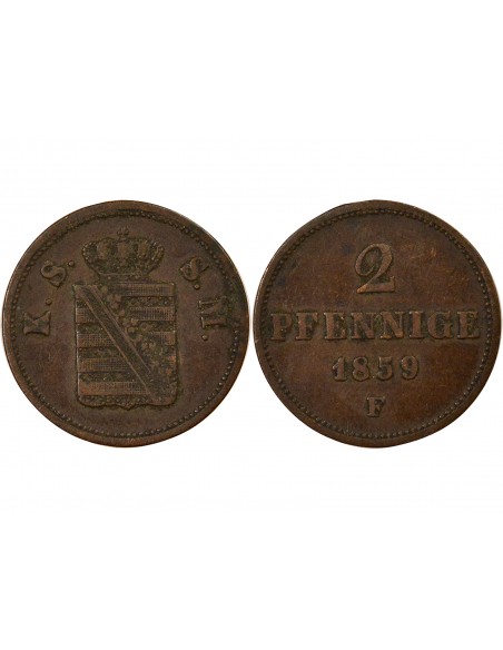 Etats Allemands (Saxe) Jean Ier de Saxe 2 pfennige Cuivre 1859 C Dresden (Saxonie)