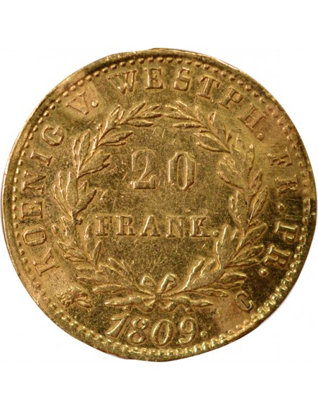 Etats Allemands (Westphalie) Jérôme Bonaparte 20 franken Or 1809 C Cassel