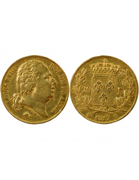 Louis XVIII Tête nue 20 francs Or 1817 Q Perpignan