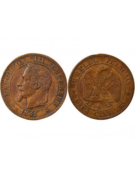 Napoléon III Tête laurée 2 centimes Bronze 1861 K Bordeaux