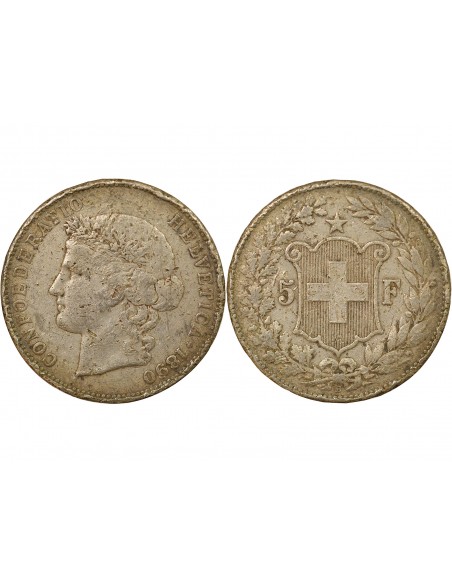 Suisse Tête d'Helvetia 5 francs Argent 1890 Berne