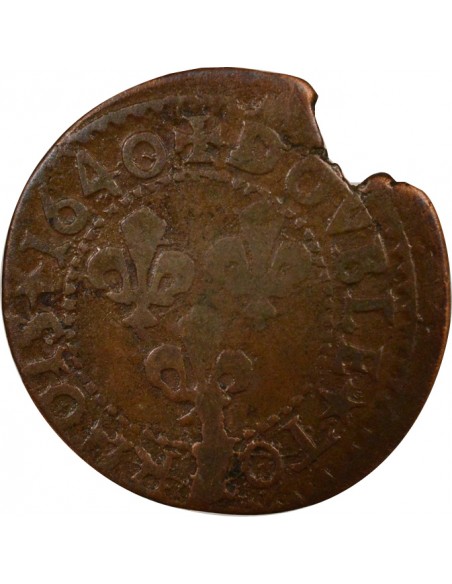 Louis XIII Type 15 1 double tournois Cuivre 1640 H La Rochelle