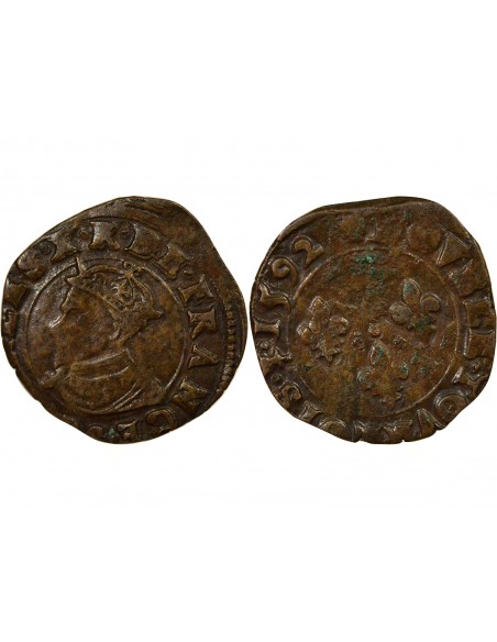 Charles X Cardinal de Bourbon 1 double tournois Cuivre 1592 S Troyes