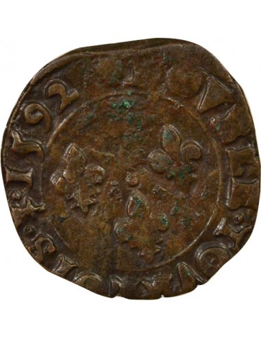 Charles X Cardinal de Bourbon 1 double tournois Cuivre 1592 S Troyes