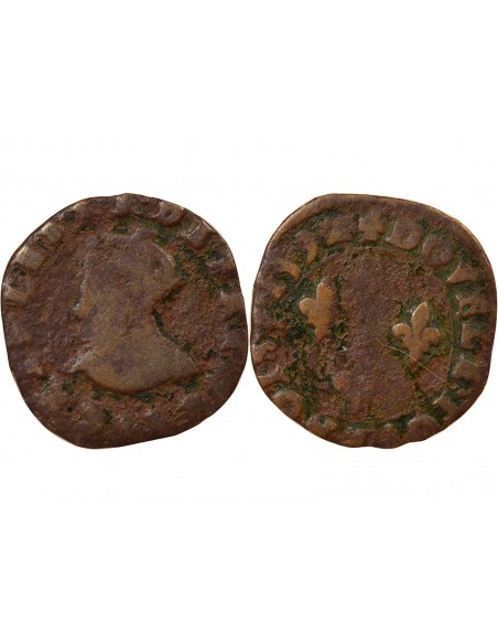 Charles X Cardinal de Bourbon 1 double tournois Cuivre 1592 S Troyes