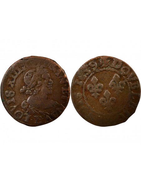 Louis XIII Type 19 1 double tournois Cuivre 1639 E Tours