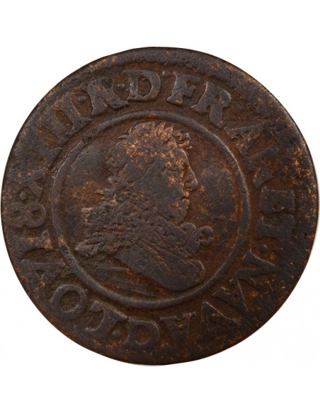 Louis XIII Type 8 1 double tournois Cuivre 1634 D Lyon