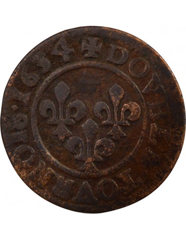 Louis XIII Type 8 1 double tournois Cuivre 1634 D Lyon
