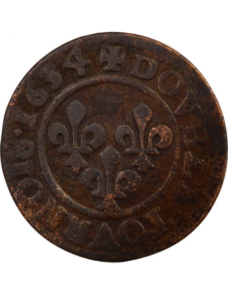 Louis XIII Type 8 1 double tournois Cuivre 1634 D Lyon