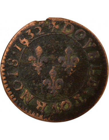 Louis XIII Type 1 1 double tournois Cuivre 1631 H La Rochelle