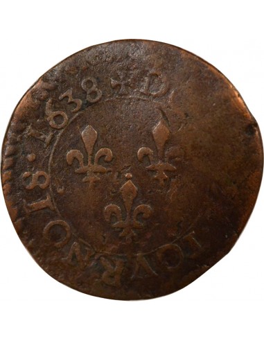Louis XIII Type 14 1 double tournois Cuivre 1638 H La Rochelle
