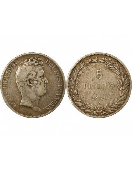 Louis-Philippe Ier Tranche en Creux 5 francs Argent 1830 D Lyon