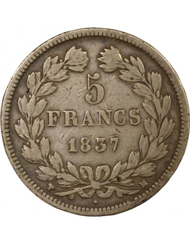 Tranche en relief 5 francs Argent 1837 MA Marseille