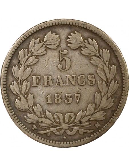 Tranche en relief 5 francs Argent 1837 MA Marseille