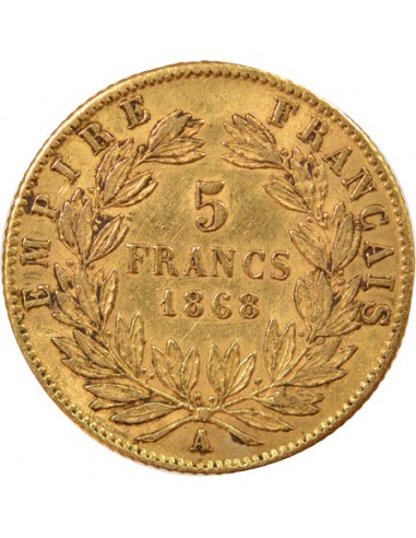 Napoléon III Tête laurée 5 francs Or 1868 A - Paris