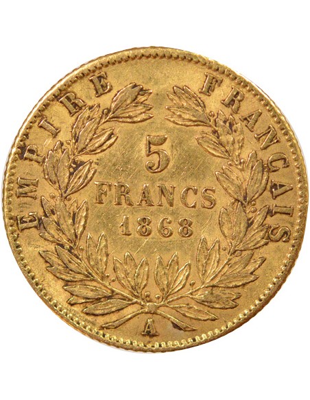 Napoléon III Tête laurée 5 francs Or 1868 A - Paris