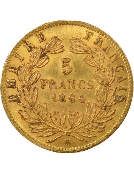 Napoléon III Tête laurée 5 francs Or 1864 BB Strasbourg