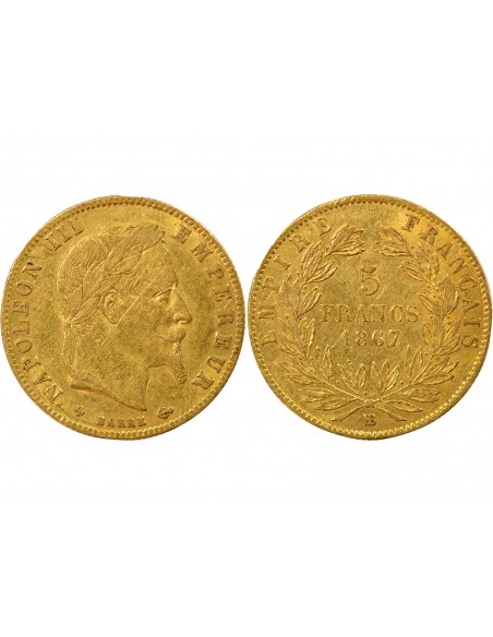 Napoléon III Tête laurée 5 francs Or 1867 BB Strasbourg