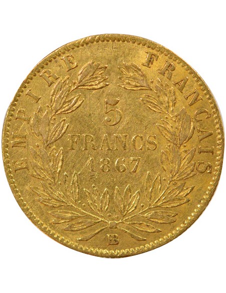 Napoléon III Tête laurée 5 francs Or 1867 BB Strasbourg