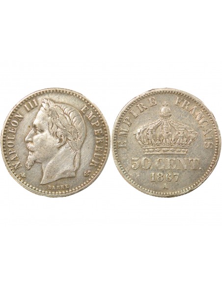 Napoléon III Tête Laurée 50 centimes Argent 1867 A - Paris