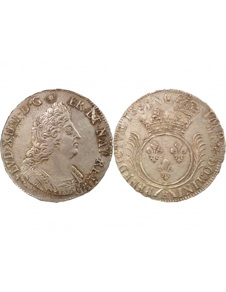 Louis XIV Aux Palmes 1 ecu Argent 1694 H La Rochelle