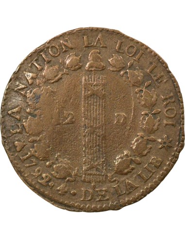 Louis XVI au Faisceau 12 denier Cuivre 1792 BB Strasbourg