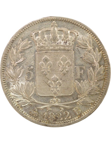 Louis XVIII Tête nue 5 francs Argent 1822 B Rouen