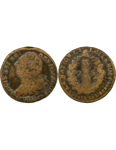 Louis XVI au Faisceau 2 sols Cuivre 1792 W Lille