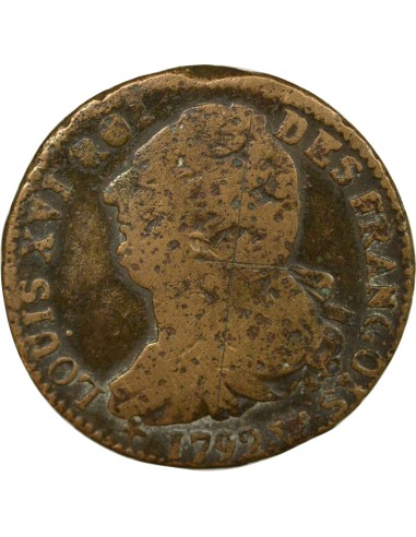 Louis XVI au Faisceau 2 sols Cuivre 1792 W Lille