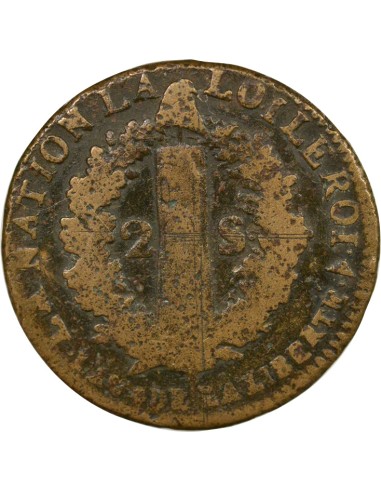 Louis XVI au Faisceau 2 sols Cuivre 1792 W Lille