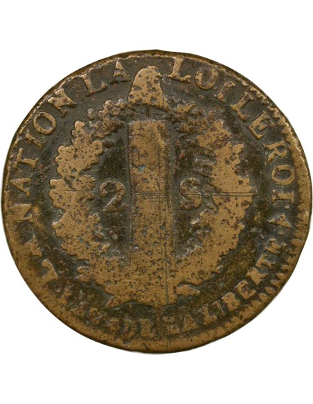 Louis XVI au Faisceau 2 sols Cuivre 1792 W Lille