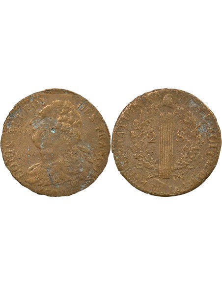 Louis XVI au Faisceau 2 sols Cuivre 1792 Arras