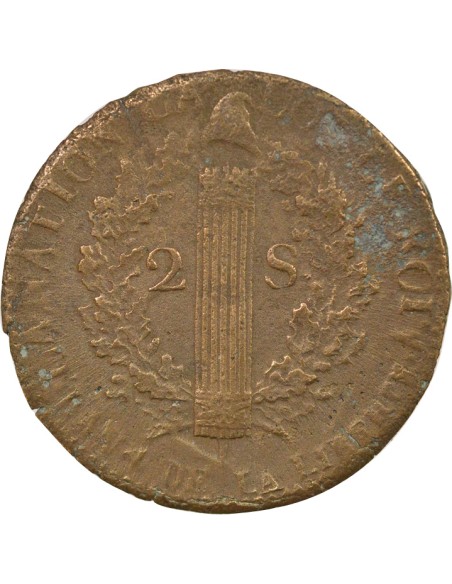 Louis XVI au Faisceau 2 sols Cuivre 1792 Arras
