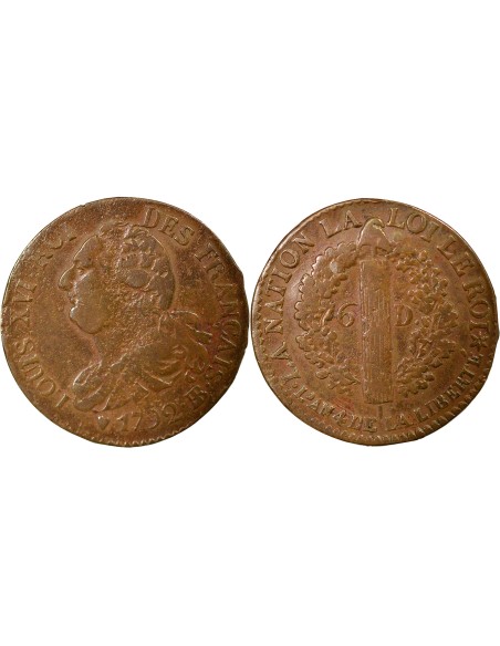 Louis XVI Au Faisceau 6 deniers Cuivre 1792 BB Strasbourg