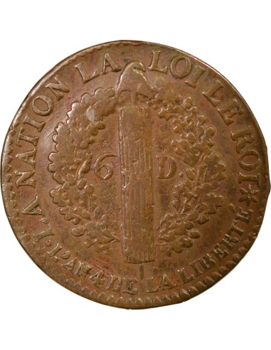 Louis XVI Au Faisceau 6 deniers Cuivre 1792 BB Strasbourg