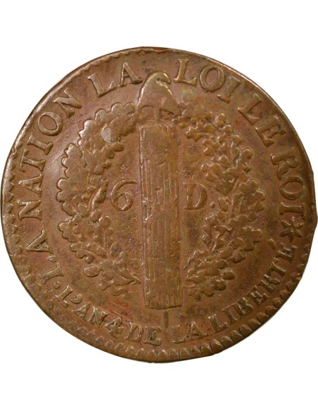 Louis XVI Au Faisceau 6 deniers Cuivre 1792 BB Strasbourg