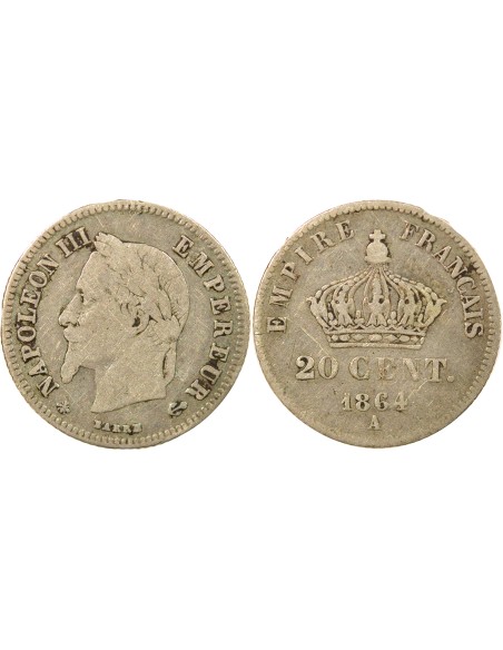 Napoléon III Tête Laurée 20 centimes Argent 1864 A - Paris