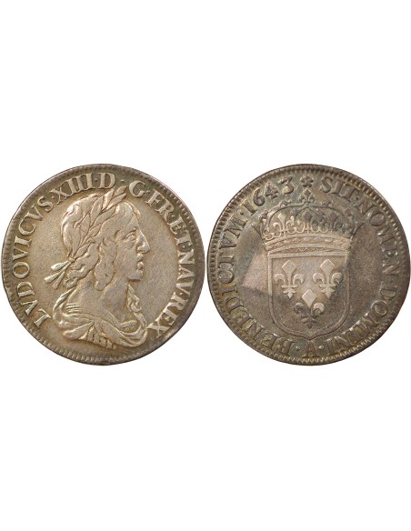 Louis XIII 2e Buste de Warin 1/4 ecu Argent 1643 A - Paris
