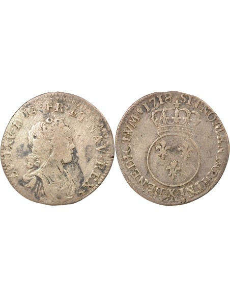 Louis XV Vertugadin 1/10 ecu Argent 1718 X Amiens