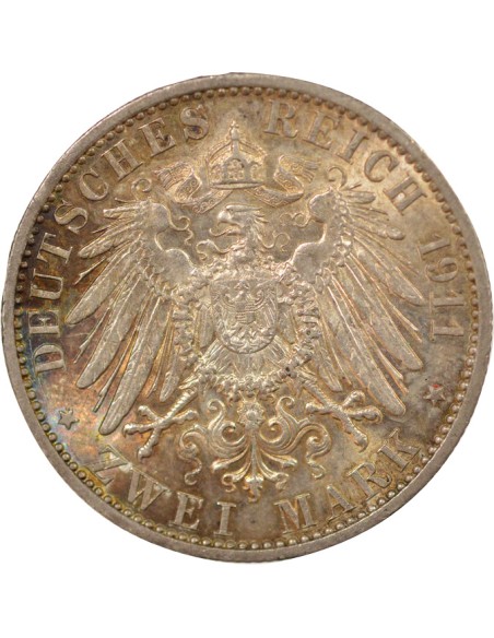 Etats Allemands (Prusse) Guillaume II de Wurtemberg 2 mark Argent 1911 A Berlin