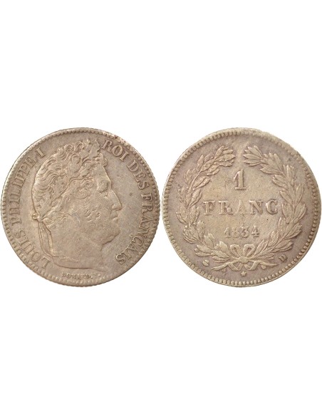 Louis-Philippe Ier Tête Laurée 1 franc Argent 1834 D Lyon