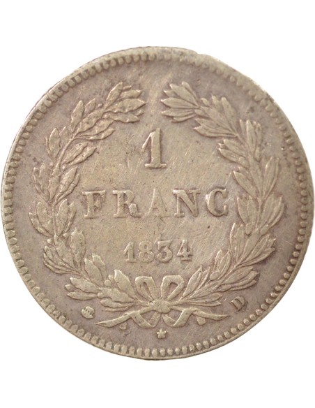 Louis-Philippe Ier Tête Laurée 1 franc Argent 1834 D Lyon