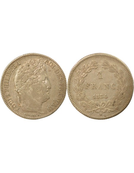 Louis-Philippe Ier Tête Laurée 1 franc Argent 1834 W Lille
