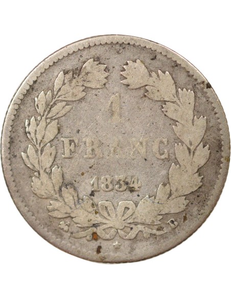 Louis-Philippe Ier Tête Laurée 1 franc Argent 1834 B Rouen