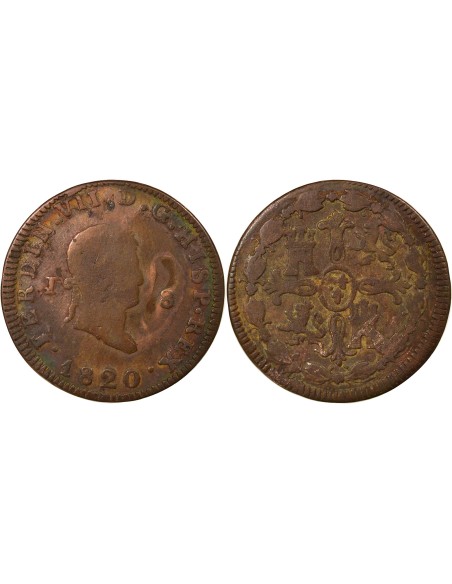Espagne Ferdinand VII 2e Portrait 8 maravedis Cuivre 1820 J Jubia (J ou JA)