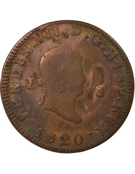 Espagne Ferdinand VII 2e Portrait 8 maravedis Cuivre 1820 J Jubia (J ou JA)
