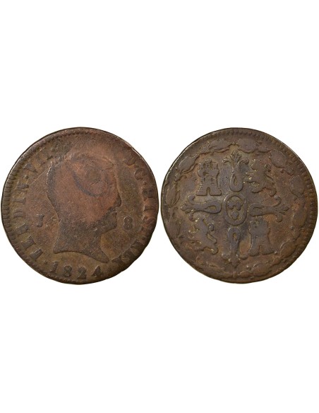 Espagne Ferdinand VII 2e Portrait 8 maravedis Cuivre 1824 J Jubia (J ou JA)