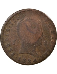 Espagne Ferdinand VII 2e Portrait 8 maravedis Cuivre 1824 J Jubia (J ou JA) 2