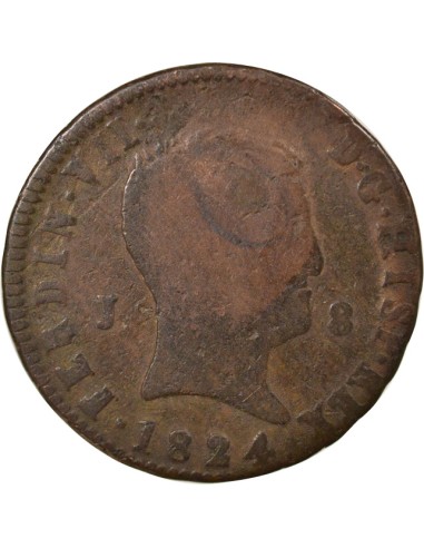 Espagne Ferdinand VII 2e Portrait 8 maravedis Cuivre 1824 J Jubia (J ou JA)